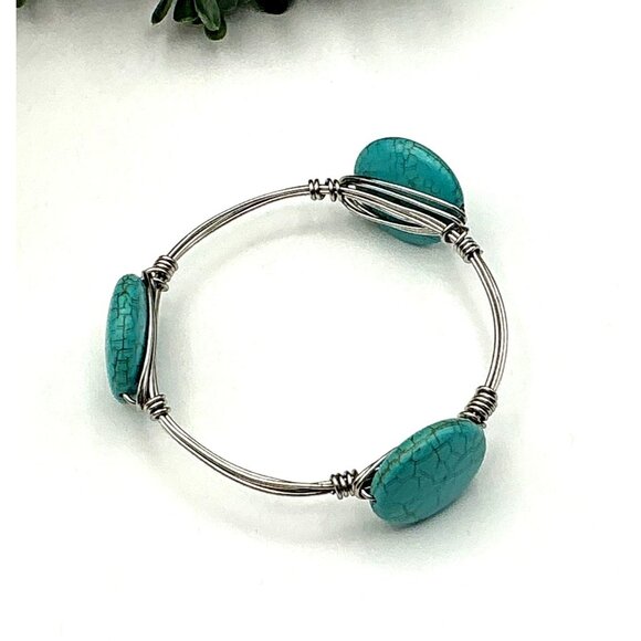 Wire Bangle Bracelet With Turquoise Disc Beads - Picture 2 of 4